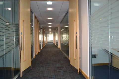 Hallway with dark carpet and decorated glass partitions on either side